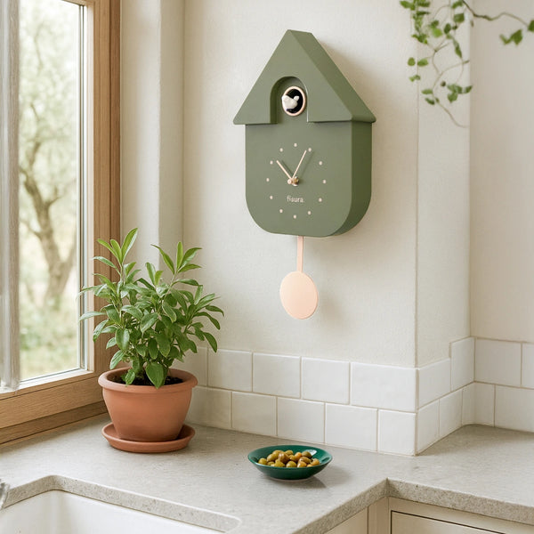 Horloge à coucou kaki avec cadran beige